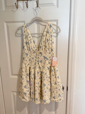 Butter Yellow Floral V-Neck Dress with Blue Blossoms
